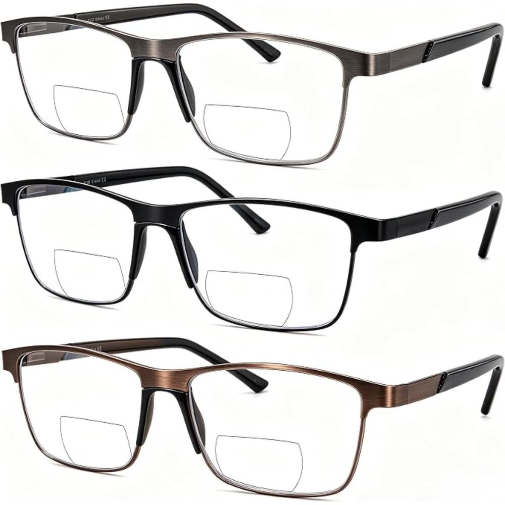 3 Pack Men's Bifocal Reading Glasses +2.25 Blue Light Metal Frames